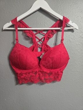 Pink Victorias Secret Red Lace Push Up Wireless Bra Size Large
